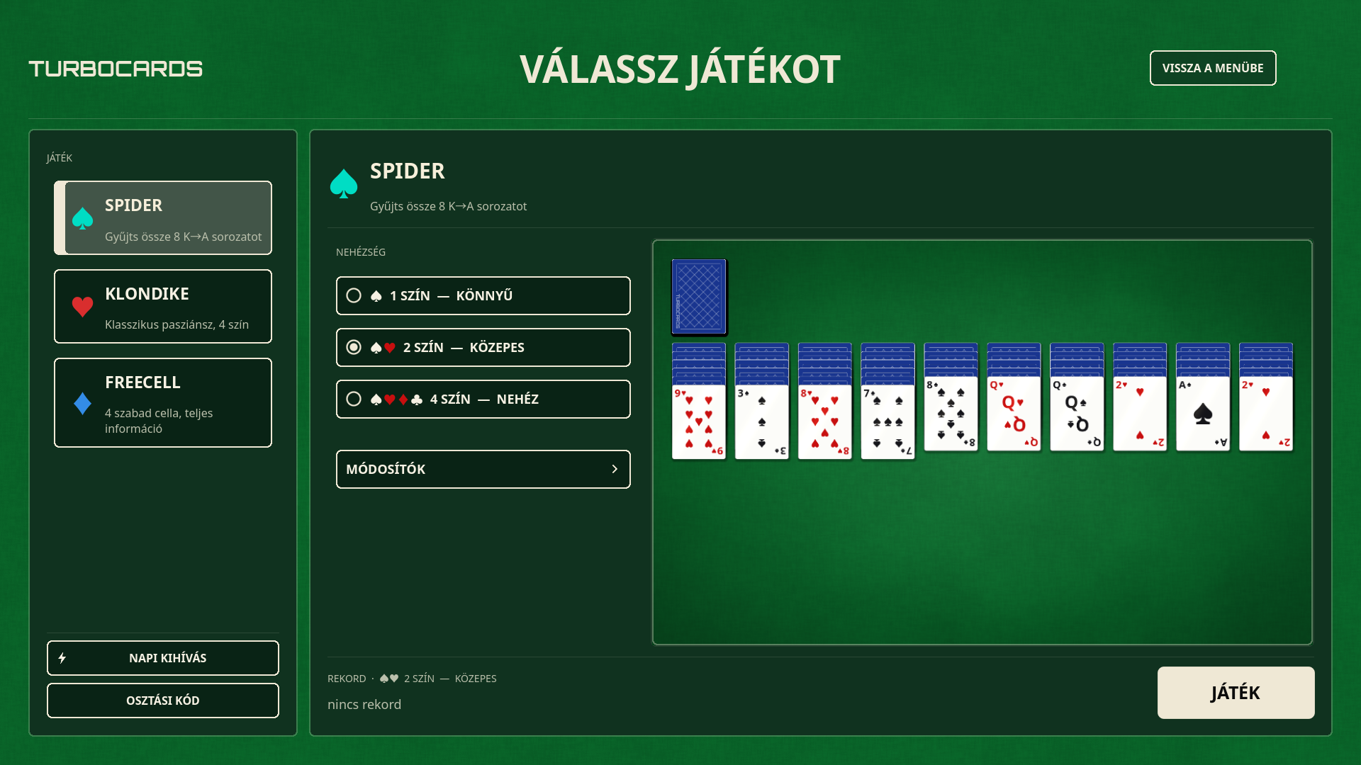 Játék és módosítók választása