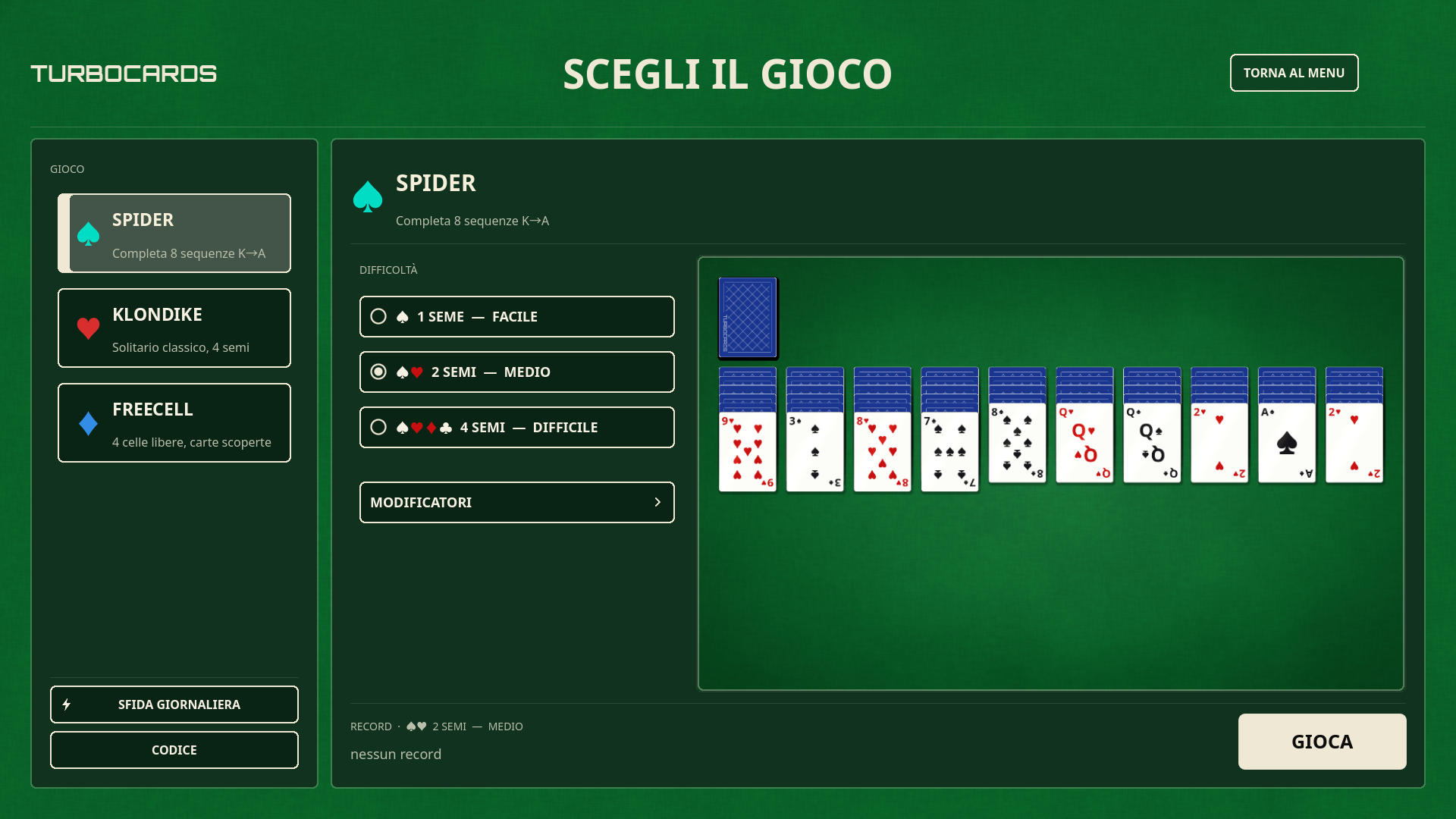 Scelta del gioco e dei modificatori